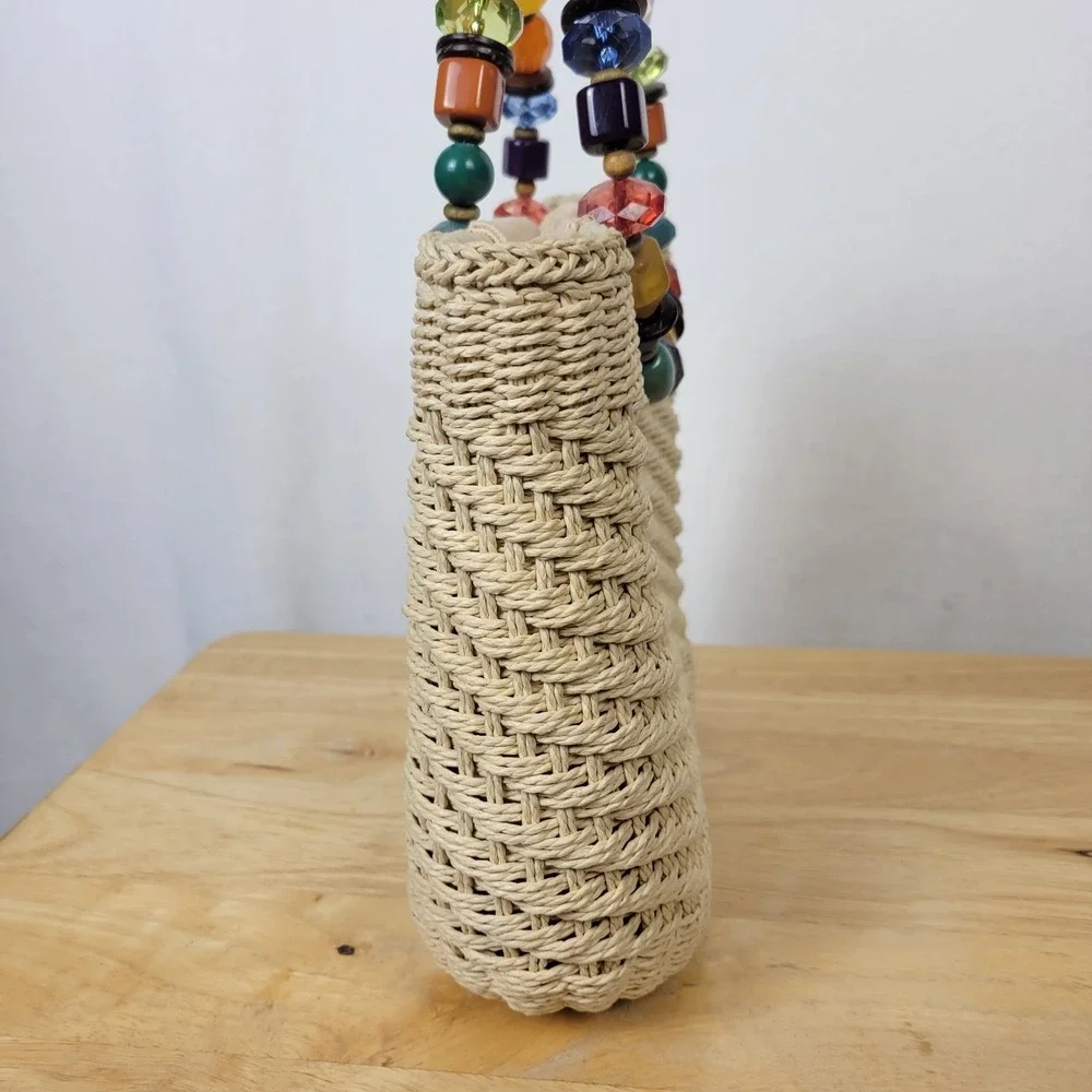 Cappelli Straworld Woven Straw Handbag Chunky Multicolor Beaded Ring Handle Tote